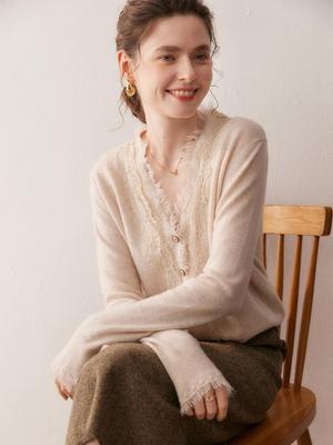 2025 Herbst/Winter Damen V-Ausschnitt Kaschmir Spitzen Strickjacke