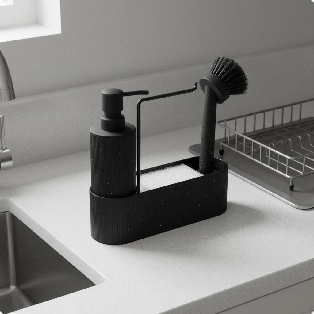 Dish Soap Dispenser Brush Holder 3 in 1 Pump Tray SpaceSaving Saving Countertop Cleaning