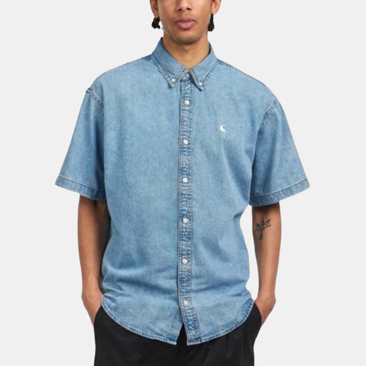 Carhartt WIP SS25 S/S Lucas Shirt Loose Fit Logo Embroidered Single-Breasted Denim Short Sleeve Shirt Men shirts I034575-01-35