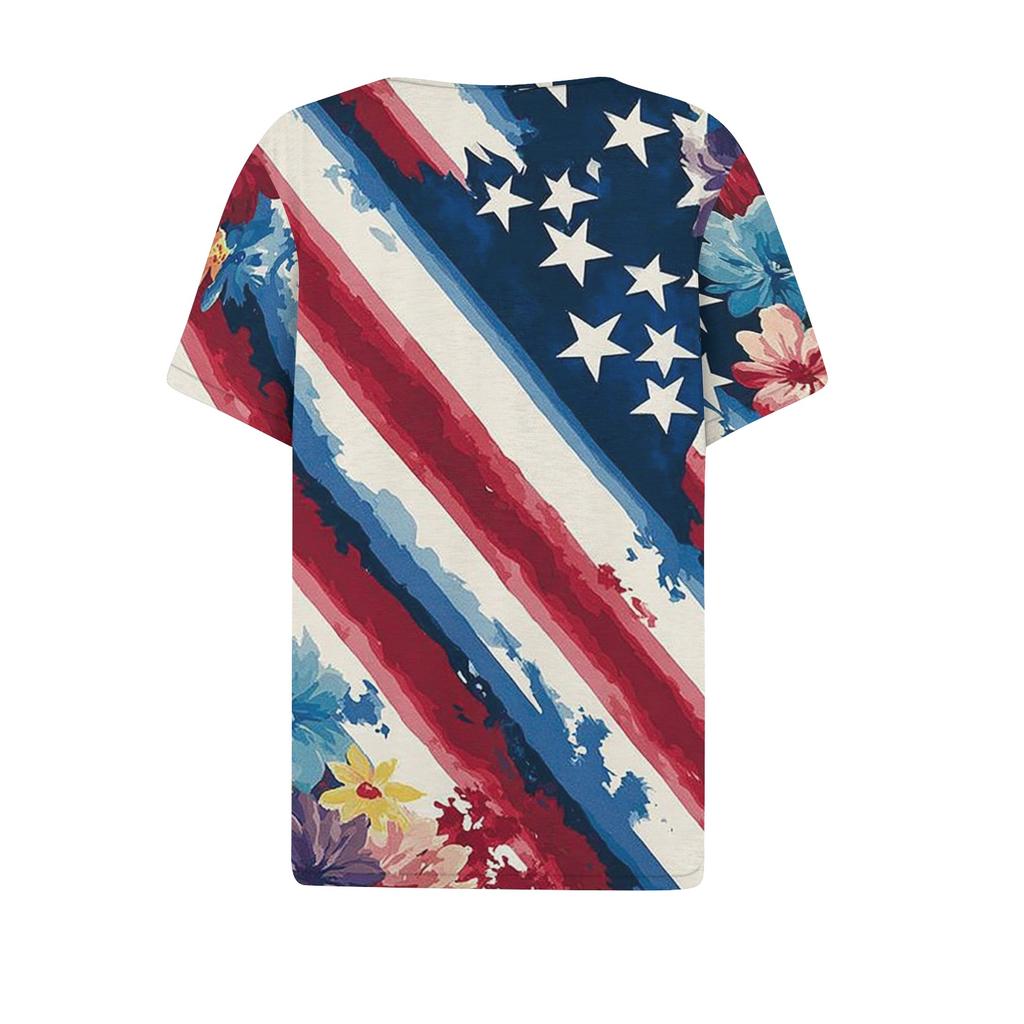 Women's Casual V Neck Short Sleeve T Shirt with Decorative Buttons and Independence Day Print Lightweight Summer Top for Everyday Wear