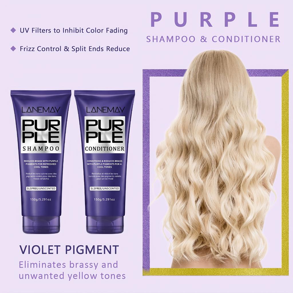 2pcs Purple Hair Shampoo and Conditioner Set for Blonde & Silvery Hair - Deep Conditioning & Neutralize Brassiness, Restore Vibrancy & Cool Tones