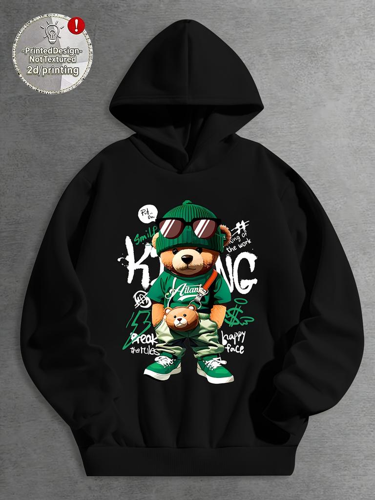 Trendy bear print casual hooded sweatshirt, with a slight stretchperfect as aChristmasgift forkids in thefall andwinterseasons.