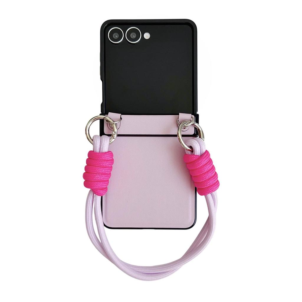Samsung ZFlip7 Leder Handyhülle mit farbig gewebtem Seil - Passend für ZFlip6/5, Einfarbig, Faltbares Bildschirm-Backcover