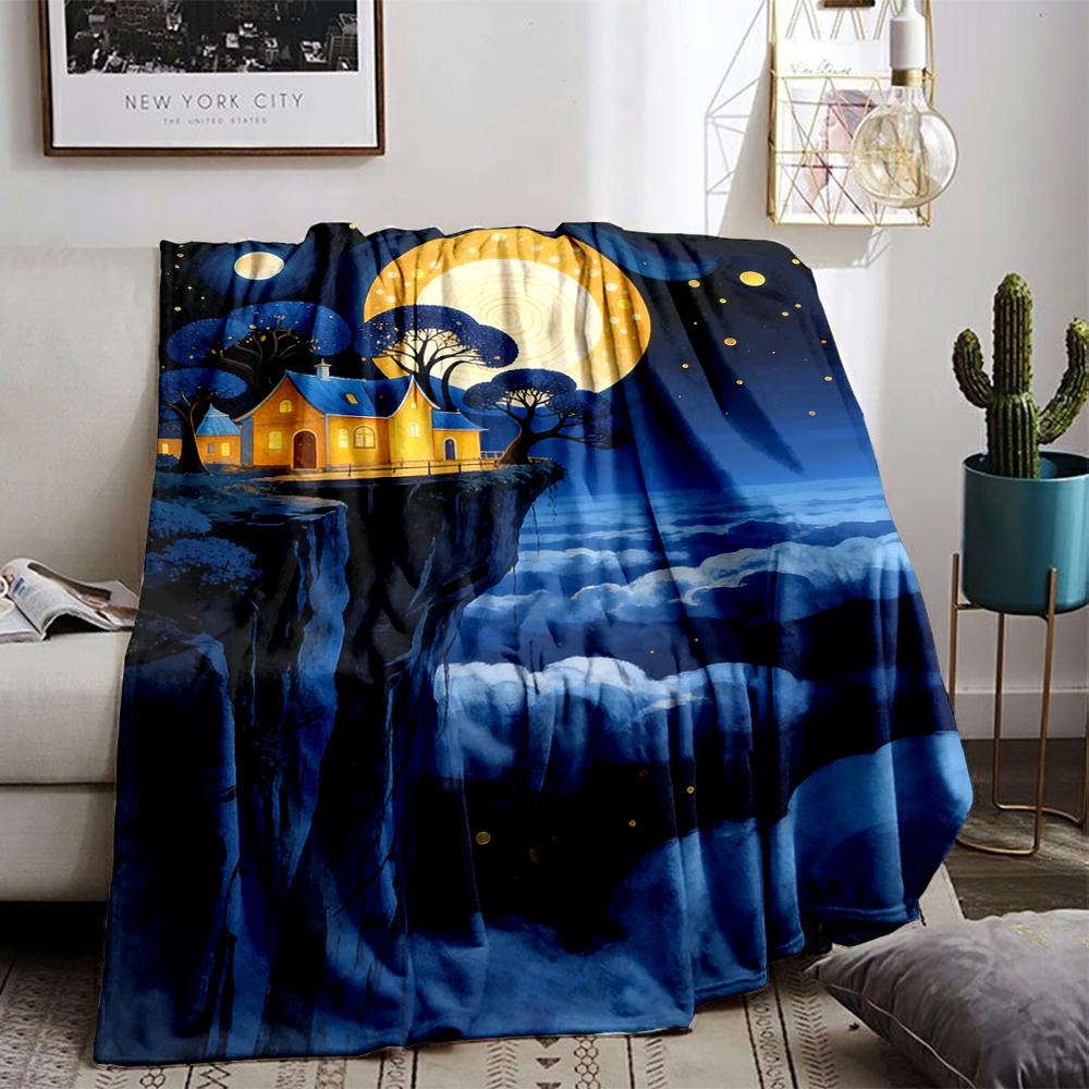 Fantasy Cliff House Night Sky Moonlight Scenery Area Blanket Decor  Blanket, Suitable for Use In the Bedroom, Living Room, On the Sofa