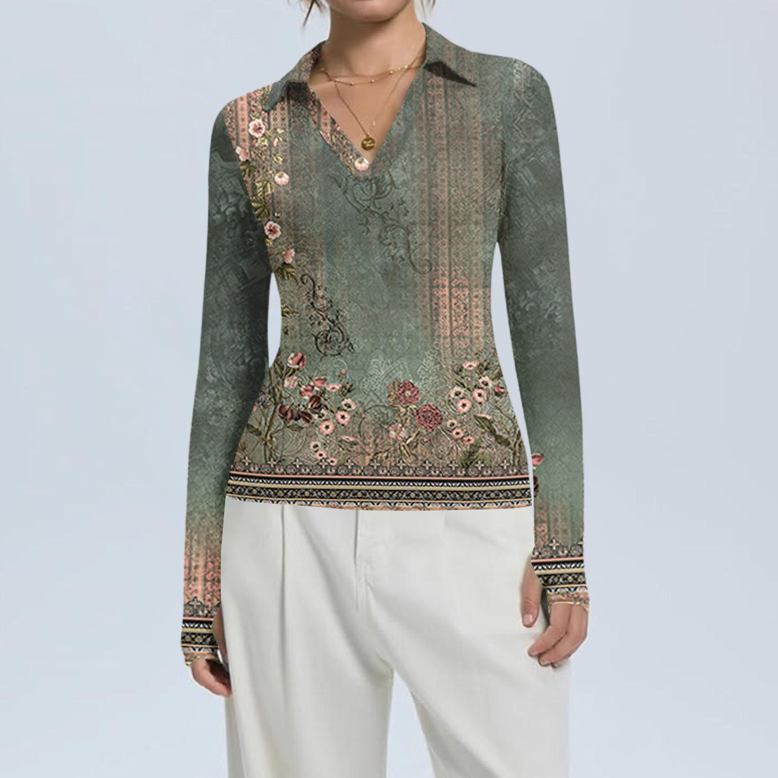 

Женская Мода Повседневный Принт V-образный Вырез Длинный Рукав Застежка на Пуговицы Топ L армия зеленый