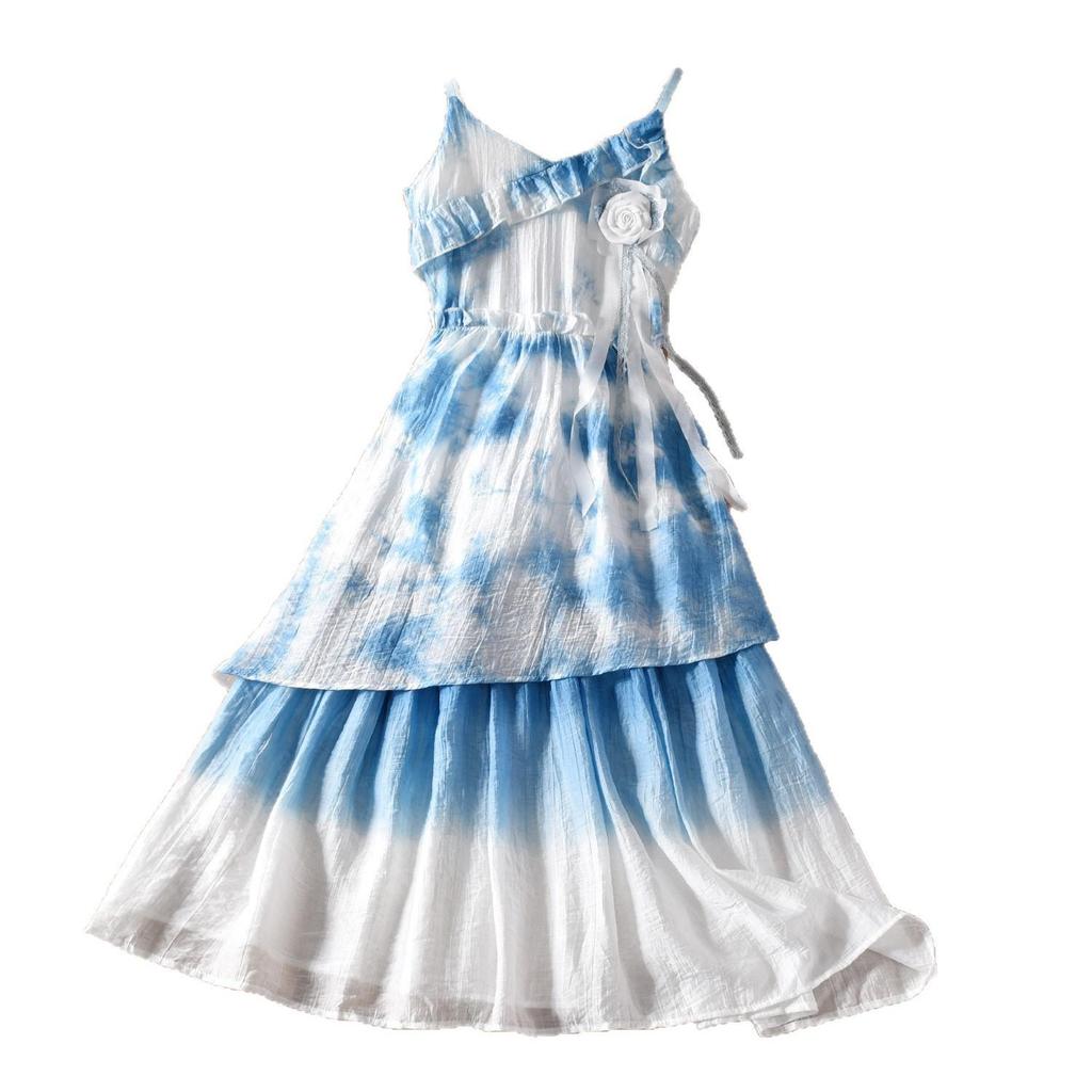Yunnan Tie-Dye Ruffle Strappy Dress with Flower Brooch and Irregular Long Skirt