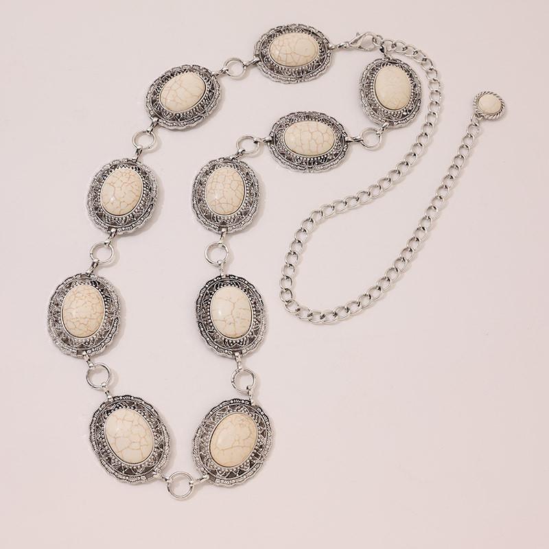 White Simulated Turquoise Hollow Ellipse Flower Design Women Metal Chain Waist