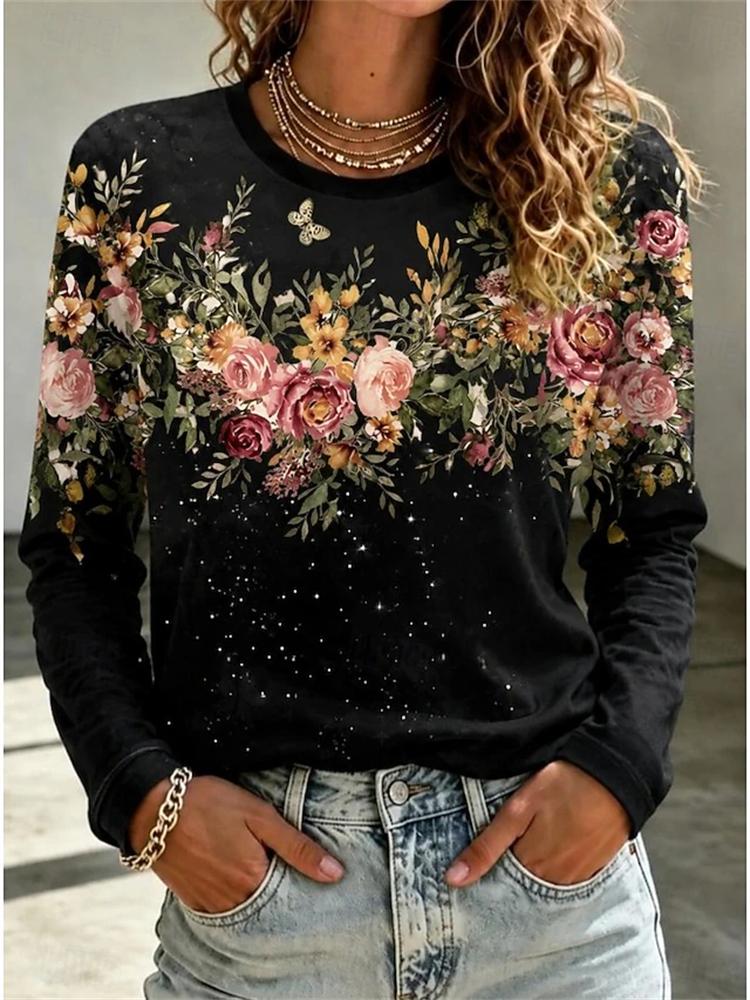 2026 Herbst Neues Damen Langarm Rundhals Lässiges T-Shirt mit Buntem Blumendruck Pflanzenelementen Outdoor Chic Top