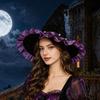 Halloweenský čarodějnický klobouk pro ženy, Sametový kouzelnický klobouk s volánkovým okrajem a mašlí pro Halloweenskou párty, Maškarádu, Cosplay kostýmový doplněk