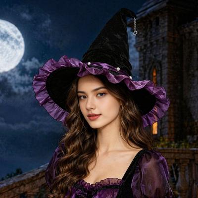Halloween Witch Hat for Women, Velvet Wizard Hat with Ruffle Brim And Bow for Halloween Party, Masquerade, Cosplay Costume Accessory