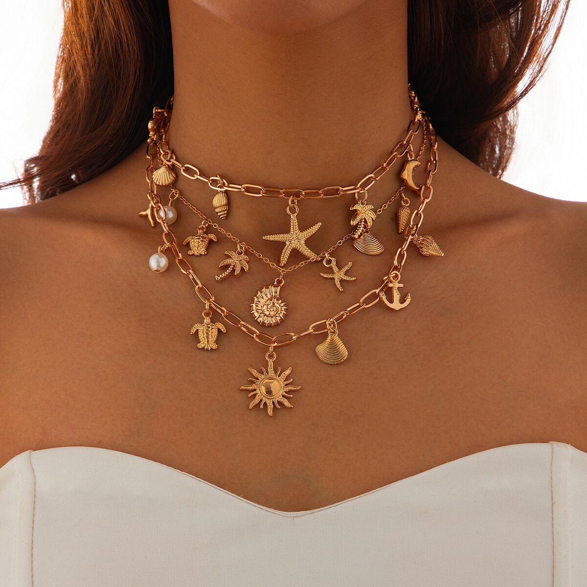 

Ingemark 3Pcs/Set Bohemian Metal Strawberry Turtle Coconut Tree Conch Pendant Choker Necklace Clavicle Chain Steampunk Jewelry