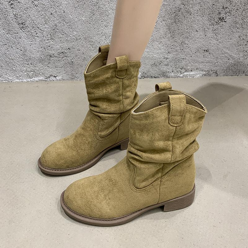 Retro Western Cowboy Martin Boots Autumn New Round Head Wasteland Wind with Skirt Thick Heel Pile Boots Short Boots