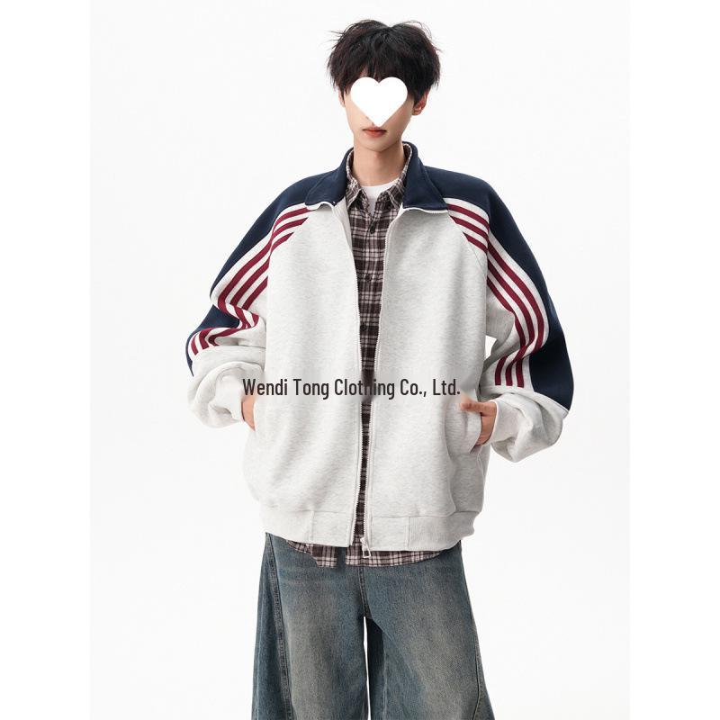 Unisex American Style Stripe Stand Collar Hoodie Jacket