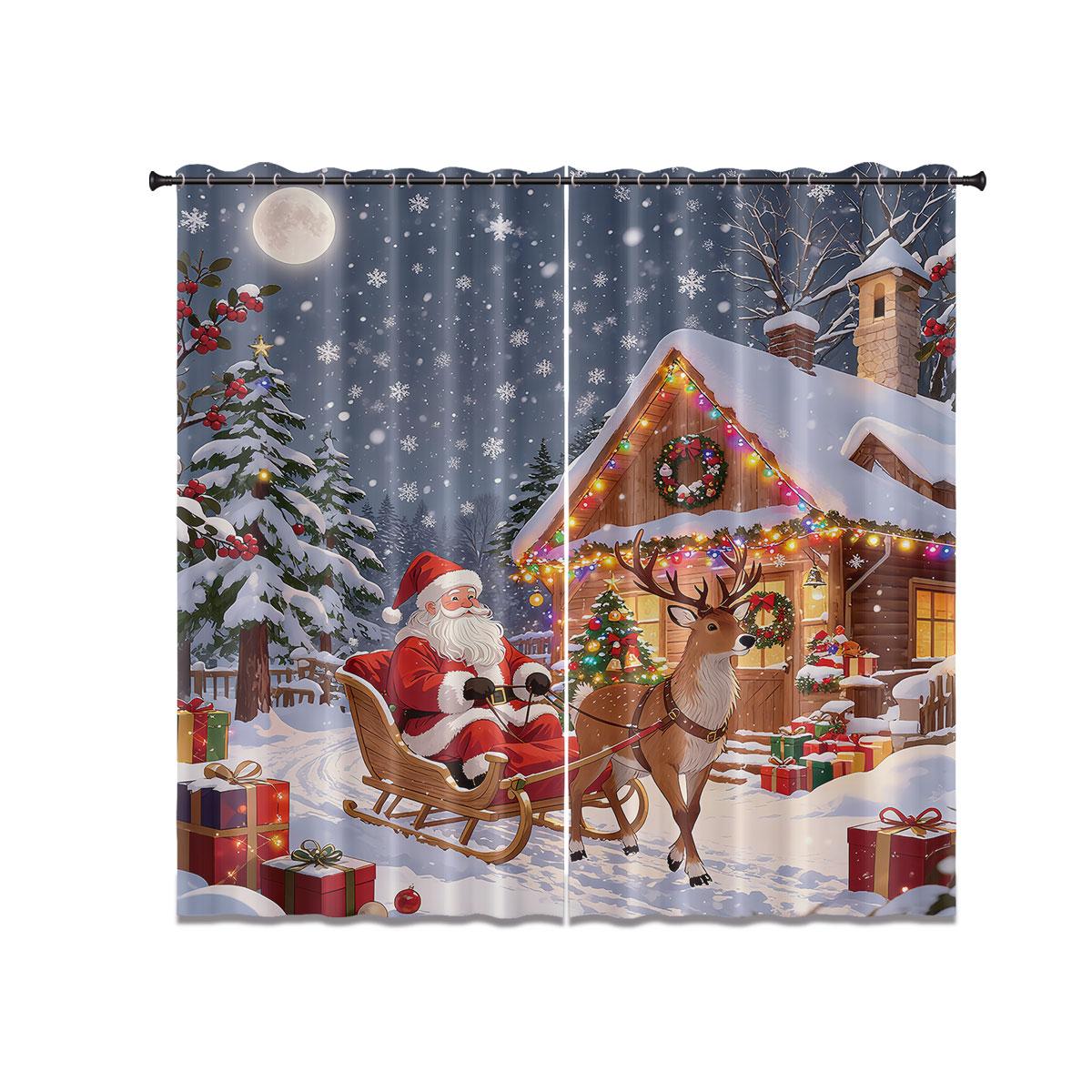 

Set Of 2 Christmas Town Print Perforated Curtains Multi Size Living Room Insulation Holiday Decoration Blackout Made Polyester Machine Washable Area W100*H70(CM)-Hooks&1PCS