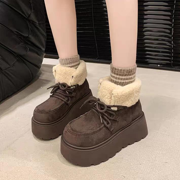 Short tube plush plush cotton shoes winter new heightening big head lace-up thick-soled snow boots women