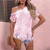 Women's Summer T-Shirts Lace Splicing Metal Buckle Off Shoulder Short Sleeve Hollow Out Pullover Top