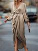 Elegant Cross-Neck Ruffled Slit Puff Sleeve Irregular Long Dress for Women 2025