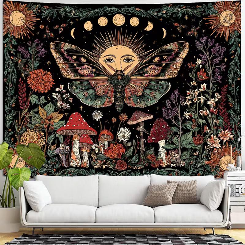 2D Moth Moon Phase Tapestry Sun Floral Mushroom Wall Hanging Decor