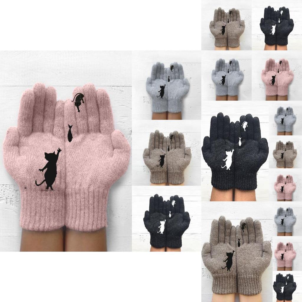 Damen Modische Strickhandschuhe mit Katzen- und Fischdruck mit warmen Fäustlingen für volle Finger
