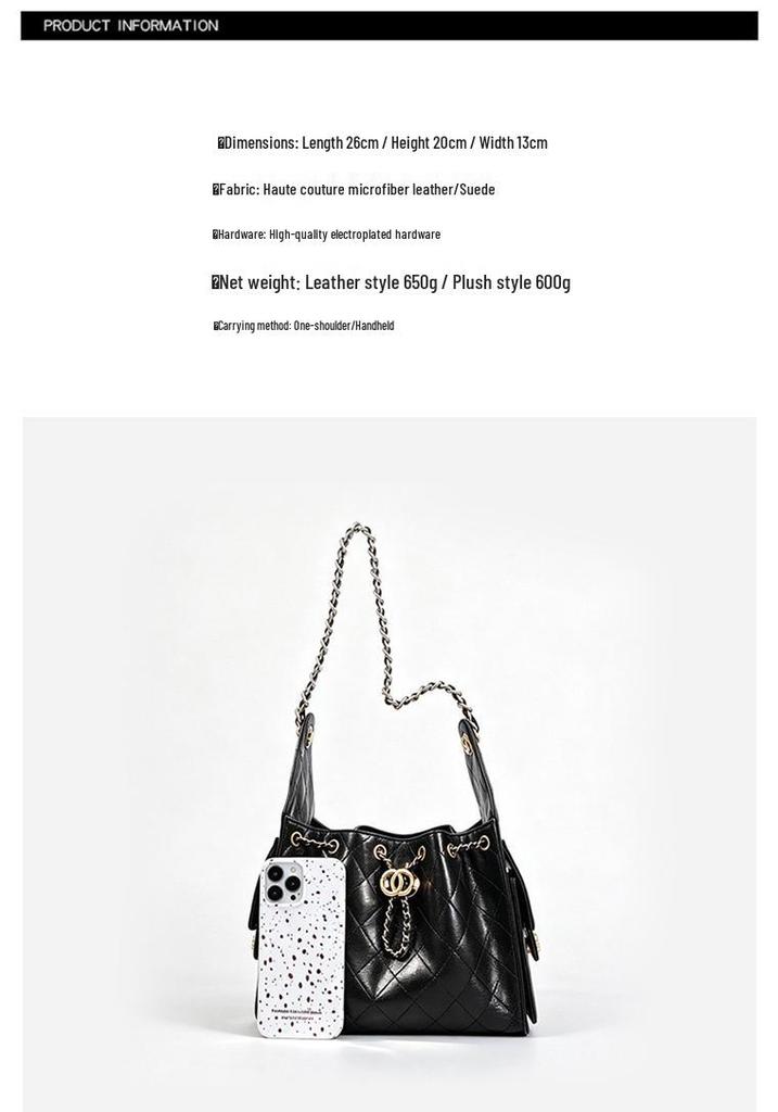 Caviar Hobo Drawstring Bucket Bag: Quilted Chain Shoulder Light Luxury Coco Style Suede