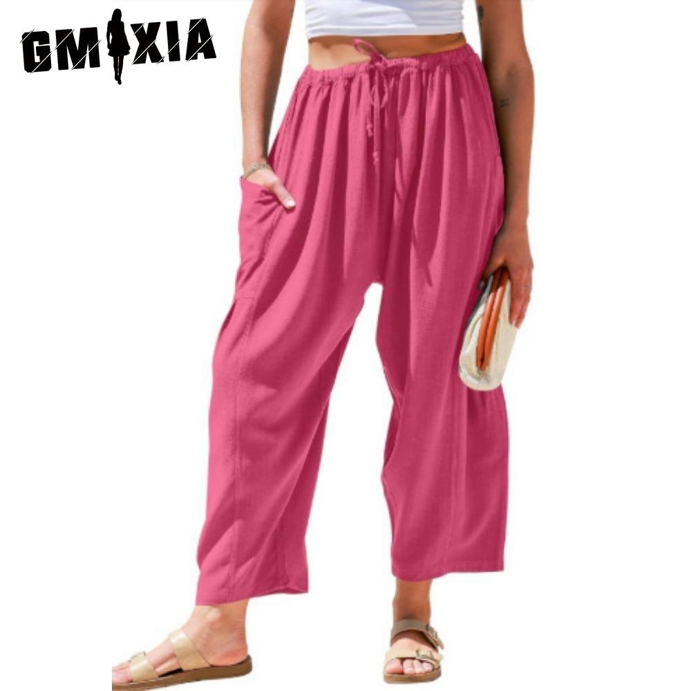 GMXIA Modne damskie spodnie i spodnie capri z wysokim stanem, na co dzień w jednolitym kolorze