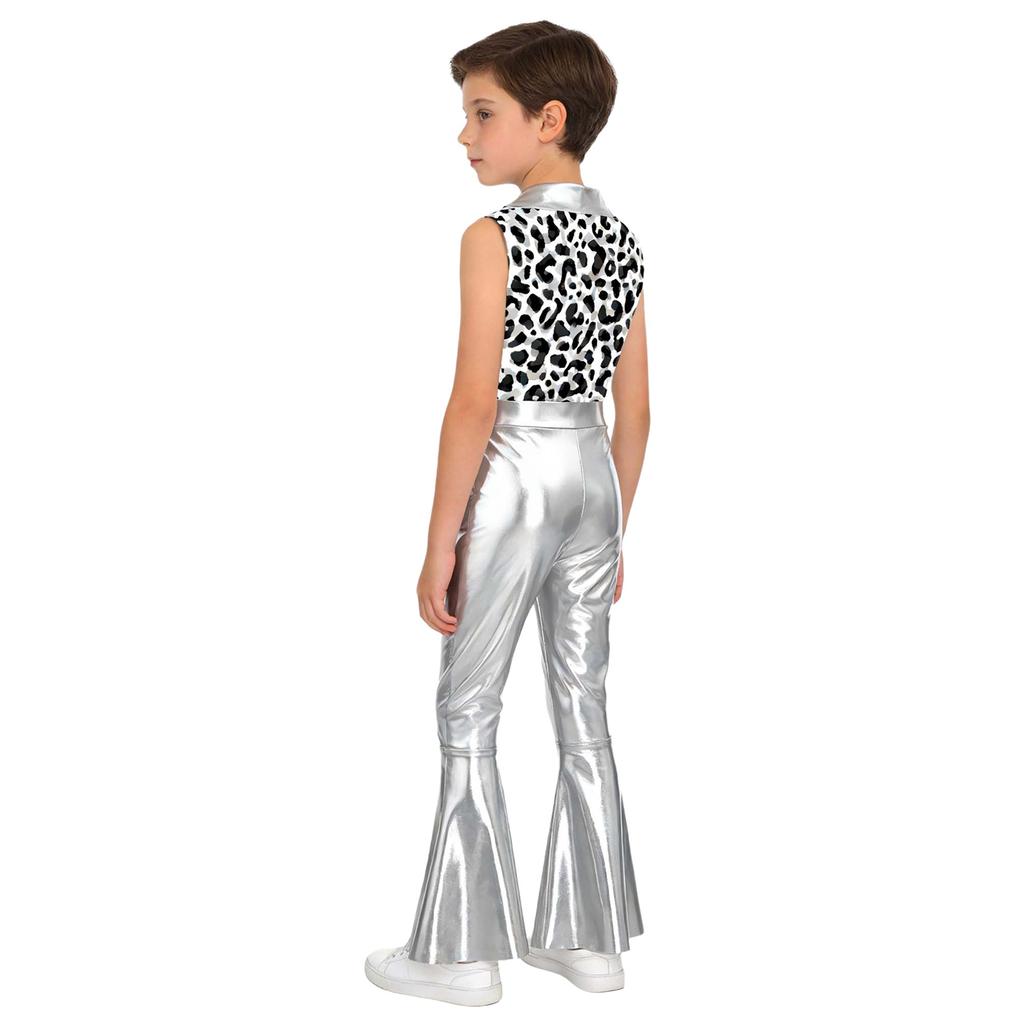 Kids Metallic Shiny Sleeveless Jumpsuit with Print Patchwork and Flared Pants for Boys Disco Halloween Party Outfit