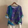 Camicia alla moda e casual da donna a maniche corte con scollo rotondo e stampa, blusa top in cotone e lino