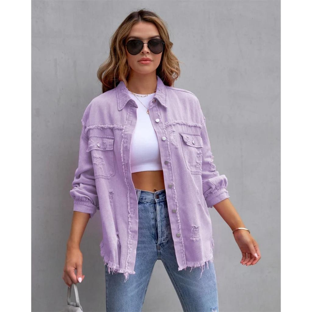 VAYLA Holes Raw-edges Denim Jacket Women Spring Autumn Shirt Style Jeancoat Casual Top Rose-Red Orange Purple Outerwear Lady Coat