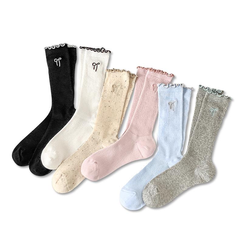 5 Pairs of Female Spring and Summer Bow Embroidery Lace Everything Breathable Tube Pile Socks