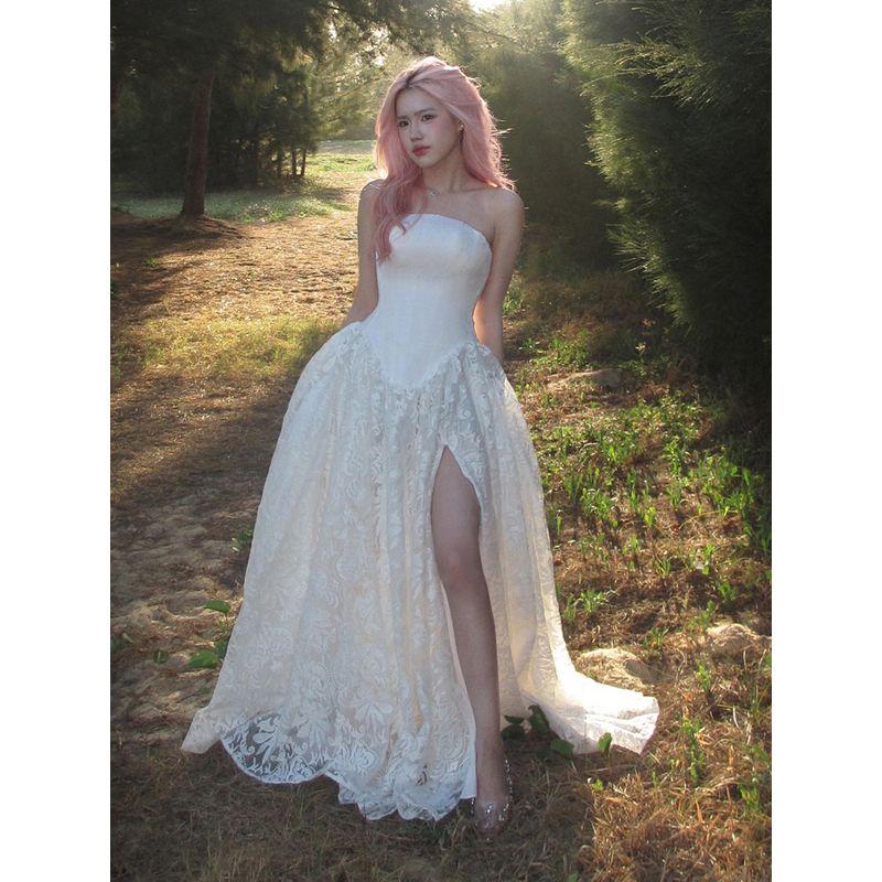 # Sisjuly# Romantic Pure Bridal Jacquard Lace Dark Pattern Patchwork Big Hemline Split Tube Top Dress Women Summer