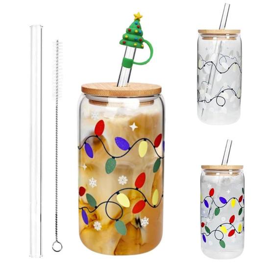 Color Changing Christmas Glass Cup with Lid Straw Brush Reusable Glass Iced Coffee Cup Cute Xmas Party Decorations for Mom Her