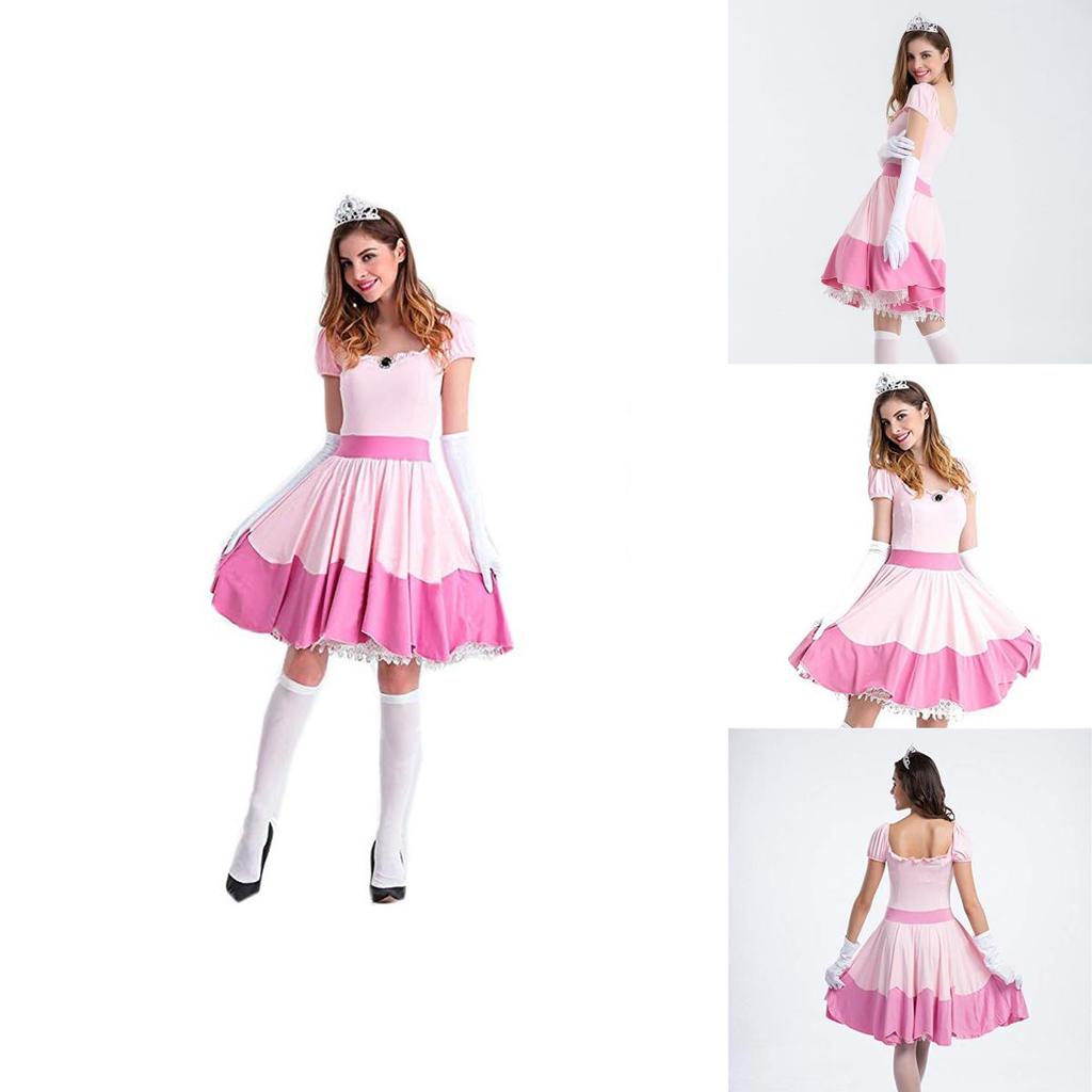 Elegant Super Mario Pink Princess Peach Costume Dress With Crown And Gloves Set