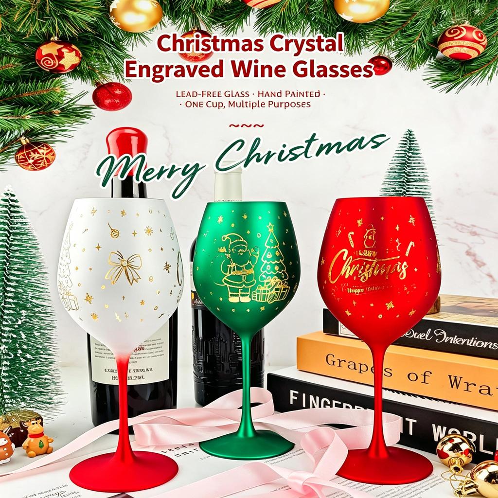 Christmas Stemmed Wine Glass, 530ml Festive Goblet Cup, Decorative Glassware for Home Party, Bar & Holiday Table Setting
