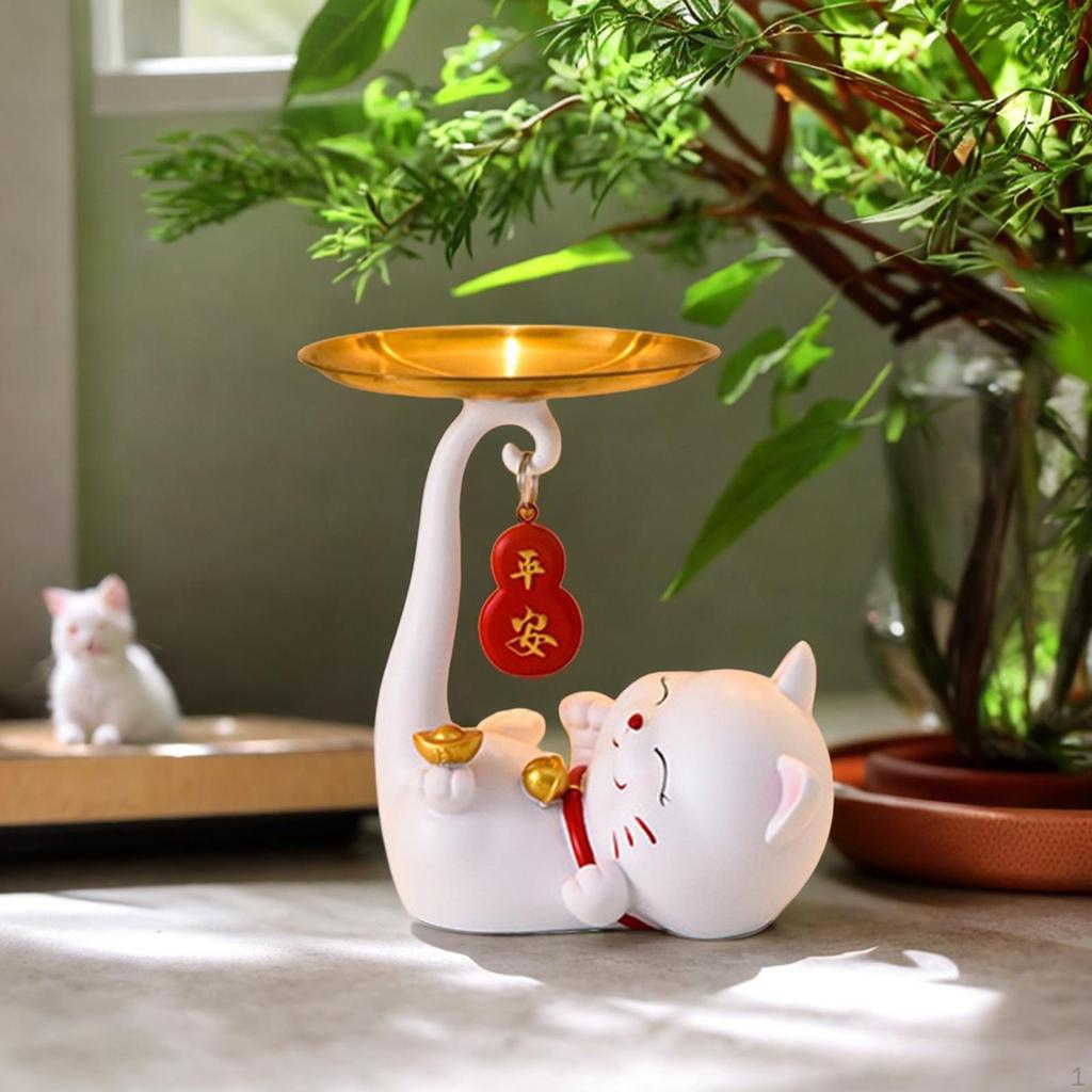 Art Statue Kitten Figurines Sculptures Nordic Resin Jewelry Tray Vanity Decor for Bookshelf