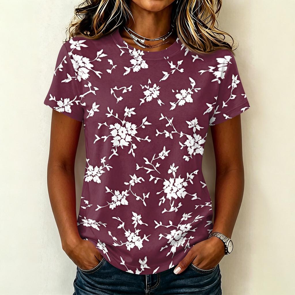 Damen Freizeit Pullover Kurzarm T-Shirt Blumenprint Rundhalsausschnitt Oberteil Weiches Leichtes Sommer-T-Shirt für den Alltag