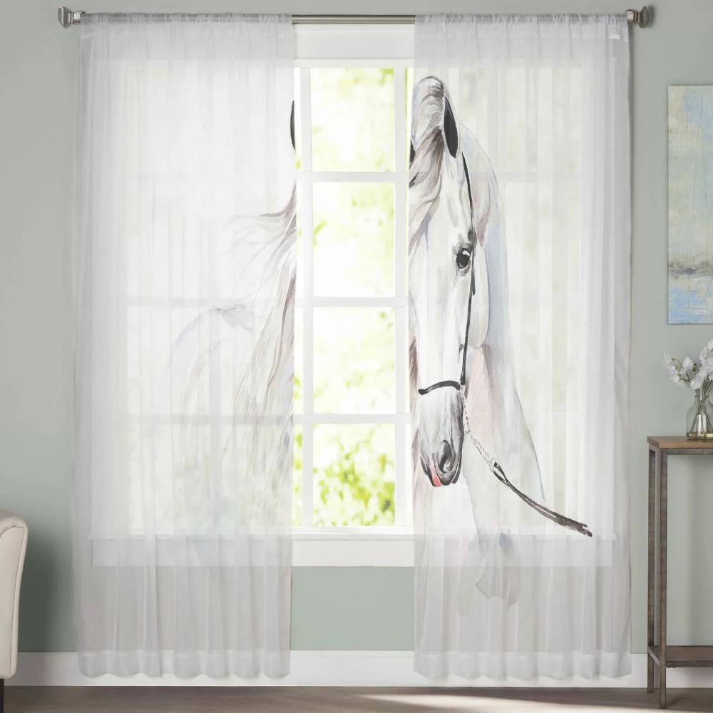 Animal Horse Watercolor Painting Tulle Curtains for Living Room Bedroom Decoration Chiffon Sheer Voile Kitchen Window Curtain