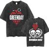 Oversized Acid-Wash Short-Sleeve T-Shirt Featuring Green Day Cartoon Unicorn Graphic Print