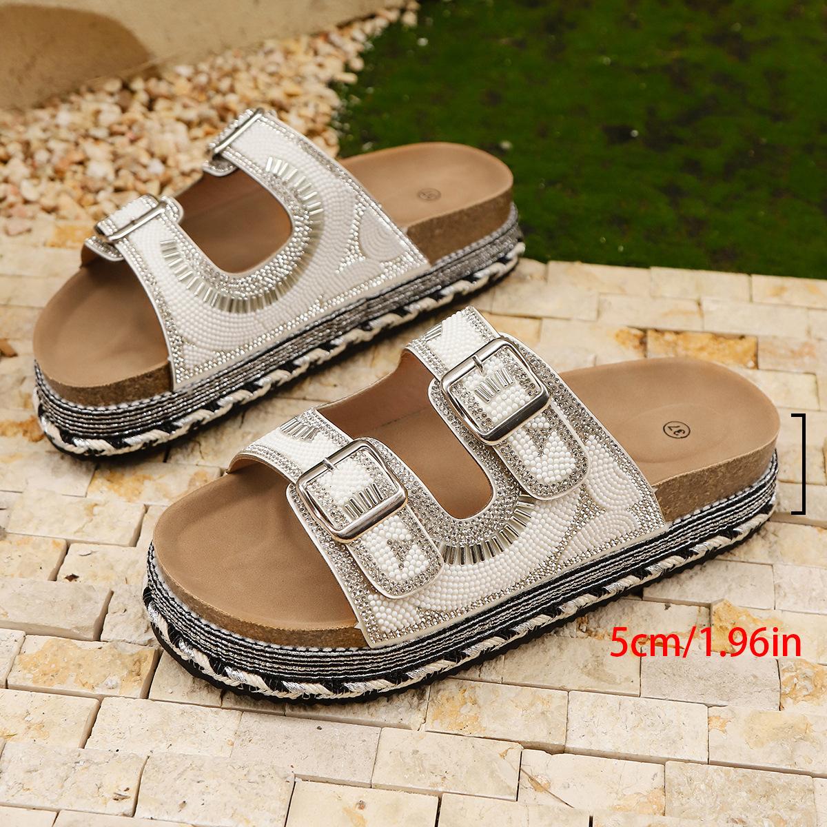 Летние новые женские шлепанцы на толстой подошве с двойными пряжками больших размеров с пеньковой веревкой и стразами пляжные сандалии-слайдеры TC 43 белый 2490₽
