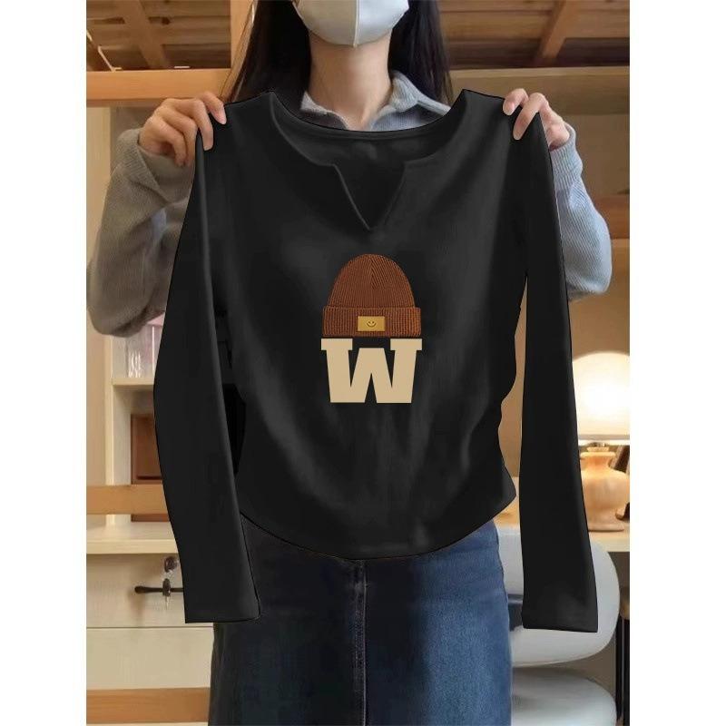 

Printed short long-sleeved T-shirt women s season slim-fitting versatile bottoming shirt collar top 2XL чёрный