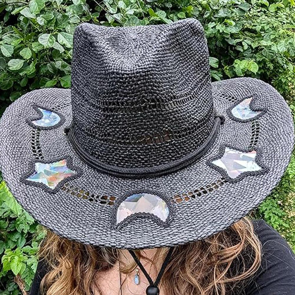 Beach Cowboy Suncatcher Cowgirl Straw Prism Hat Vintage Summer Jazz Cap Woven Sun Hat for Music Festival Party