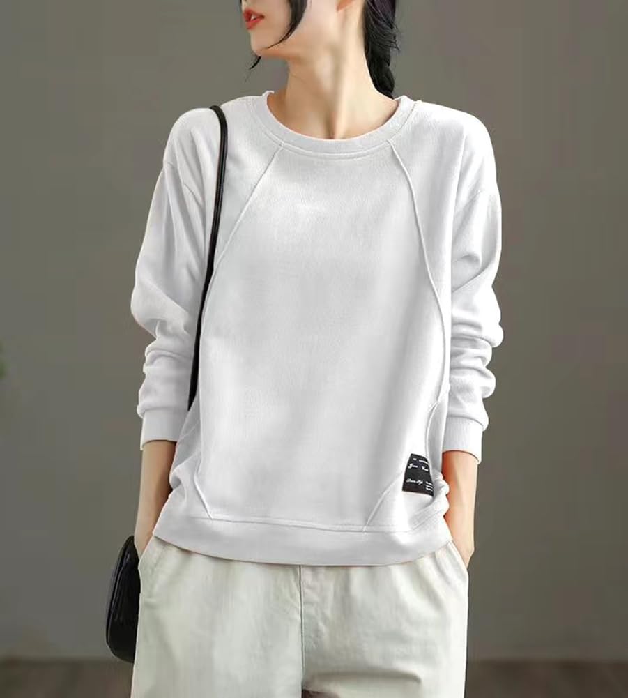 MaxWant Long Solid Plus Winter Women's Sweatshirt, Sleeve, Color, Sizes, Simple, Casual, Cute, Spring, Autumn, (JP, Alphabet, M, White)