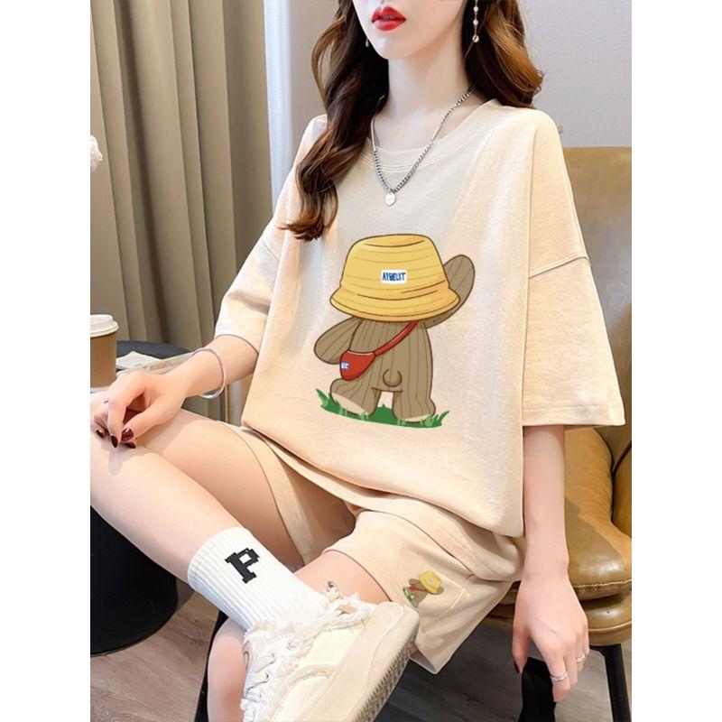 Pure Cotton Short Sleeve Short Pants Suit Women's Summer Plus Size Plus Size Ladies Loose Fashion Casual Sports Style Wear a Set of Fashion