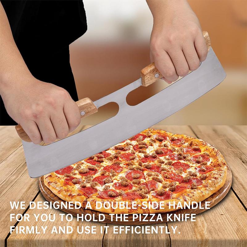 Stainless Steel Pizza Cutter Double Handed Pizza Knife with Safety Knife Sheath Wooden Handle Apple Pie Dispenser Dough Cutter