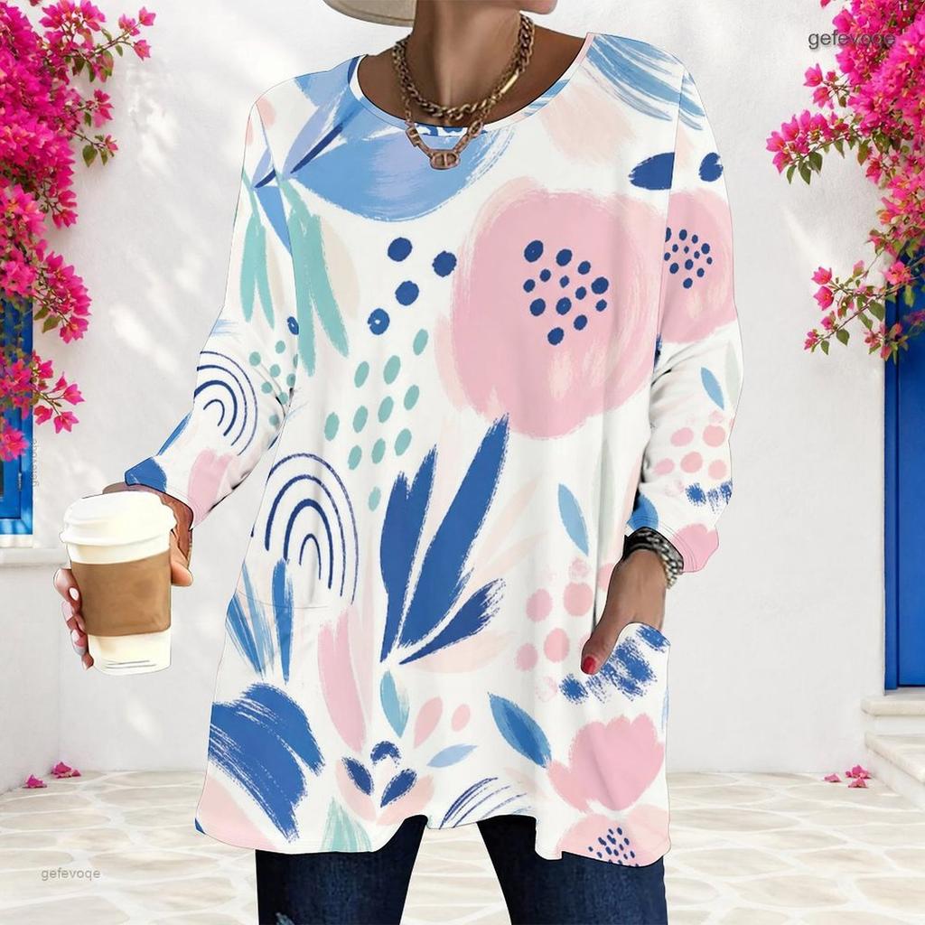 Women Plus Size Round Neck Long Sleeve Geometric Printed Loose Longline T Shirt With Pockets