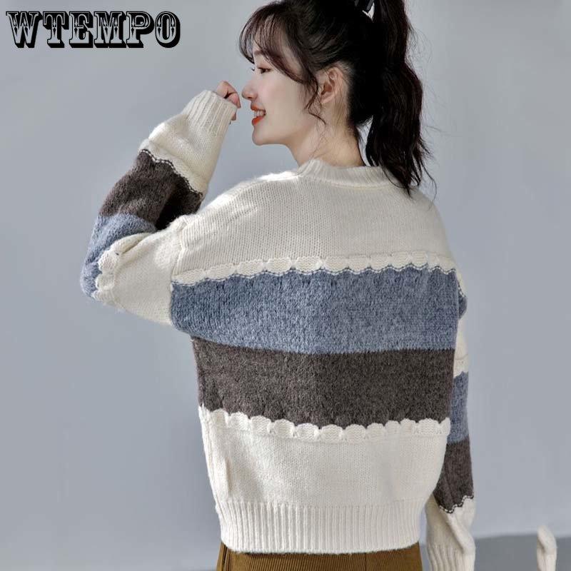 WTEMPO Loose Striped Knitted Pullovers Thin Women Vintage Round Collar Long Sleeve Jumpers Female Harajuku Casual Sweaters