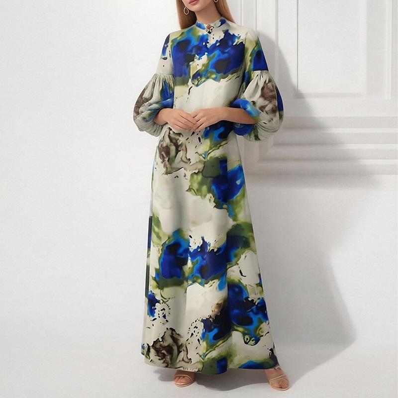 New summer models, European and American women's clothing, casual commuting bubble sleeve printed loose dress