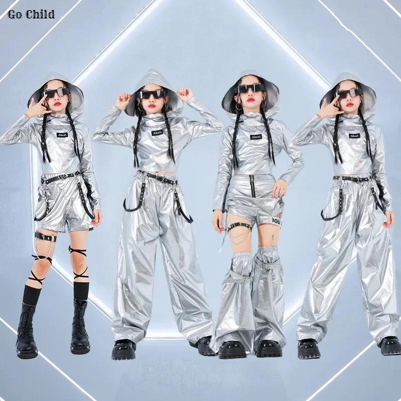 Girls K-pop Silver Crop Hoodies Shiny Cargo Pants Street Dance Shorts Kids Hip Hop Streetwear Children Jazz Hi Tech Clothes Sets