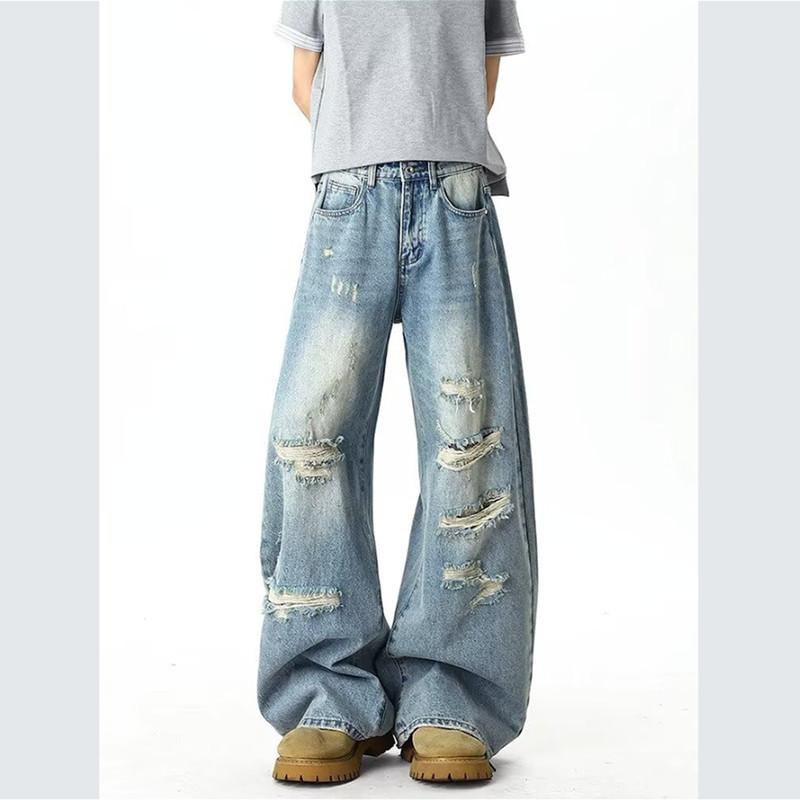 American Street Retro Ripped Design Sense Ink Splashing Jeans Men Loose Straight Drape Wide Leg Trousers Men