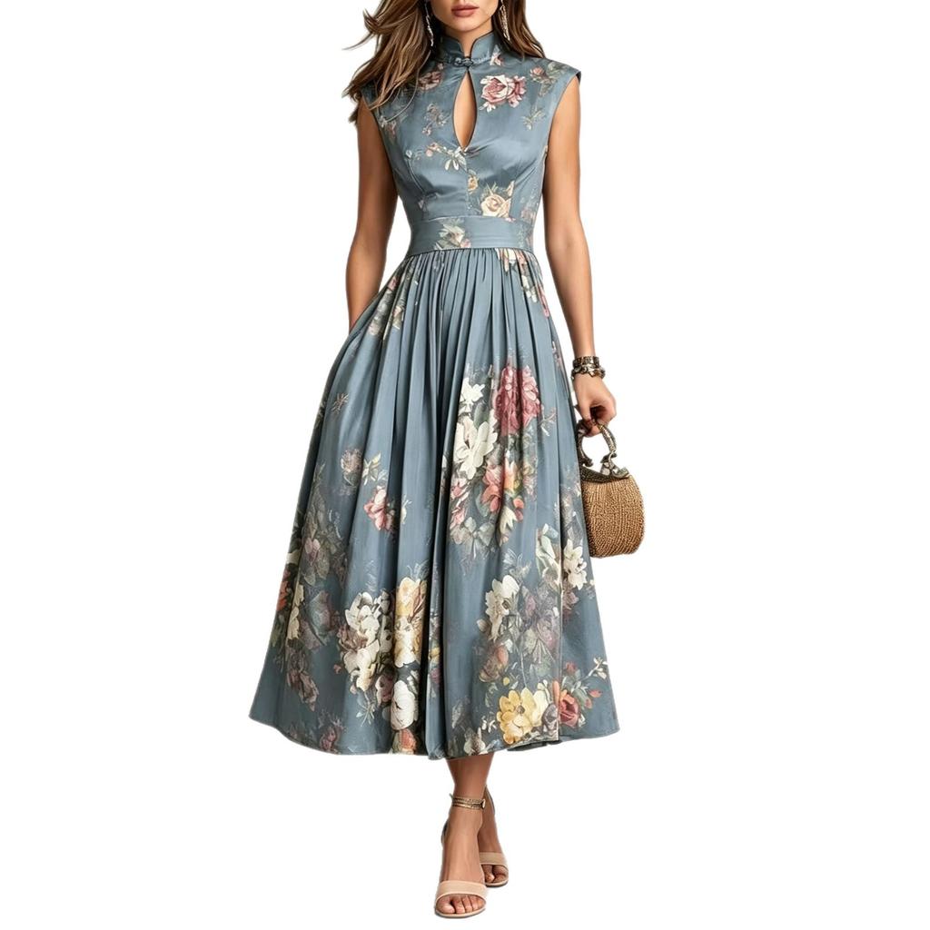 European and American women's clothing, temperament sleeveless digital printing long dress three-dimensional flower slim dress