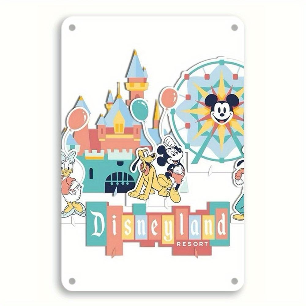 

1pc Disneyland Resort Metal Tin Sign 8x12 Inch - Vintage Wall Art Featuring Mickey, Minnie, Donald, and Pluto in Front of a Cast 20x30cm（7.8x11.8inch）
